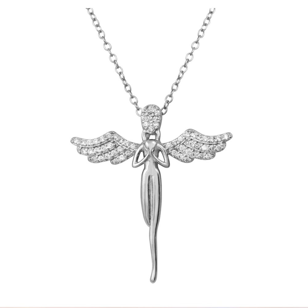 Sterling Silver 925 Rhodium Plated Angel CZ Necklace